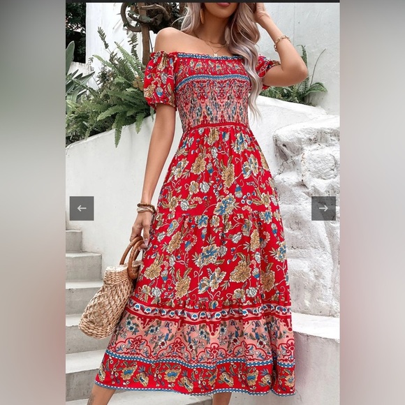 De' Sepreso Bohemian Off The Shoulder Floral Boho Vacation Dress Red Small NWT - Picture 2 of 15